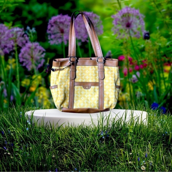 Fossil Marley Double Handle Shoulder Bag Shopper Yellow Canvas Leather 14X11 - Picture 1 of 14